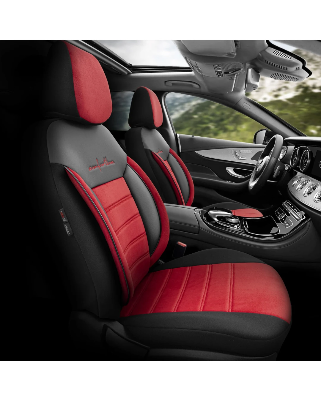 Комплект Луксозна Тапицерия OTOM текстил с еко кожа COMFORT LINE Design – Червено-Черна с червен шев, за Предни и Задни Седалки