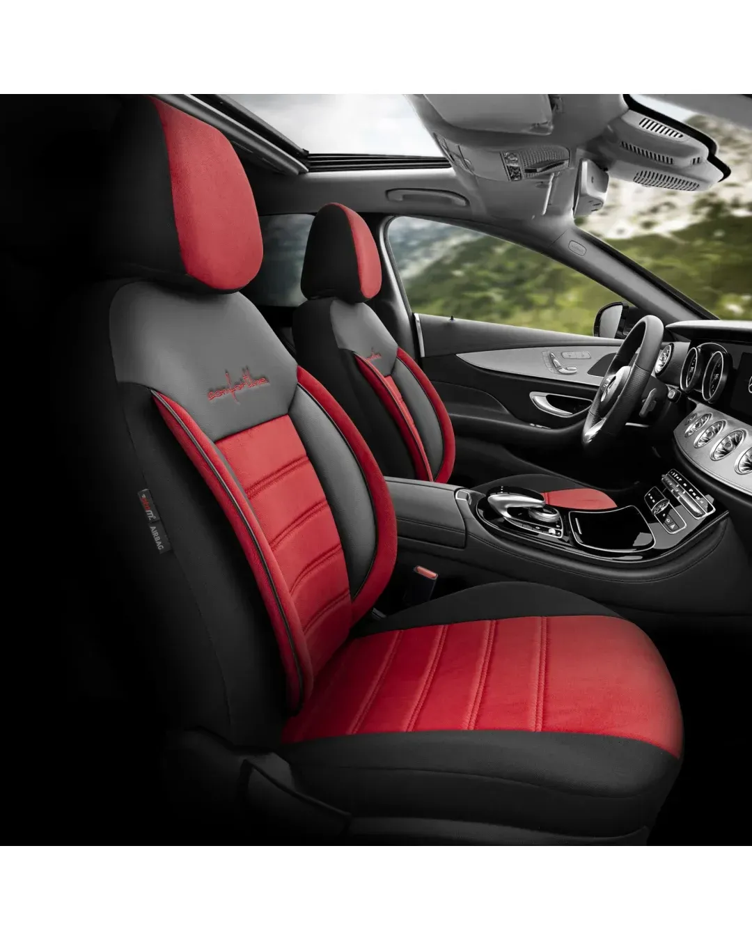 Комплект Луксозна Тапицерия OTOM текстил с еко кожа COMFORT LINE Design – Червено-Черна с червен шев, за Предни и Задни Седалки