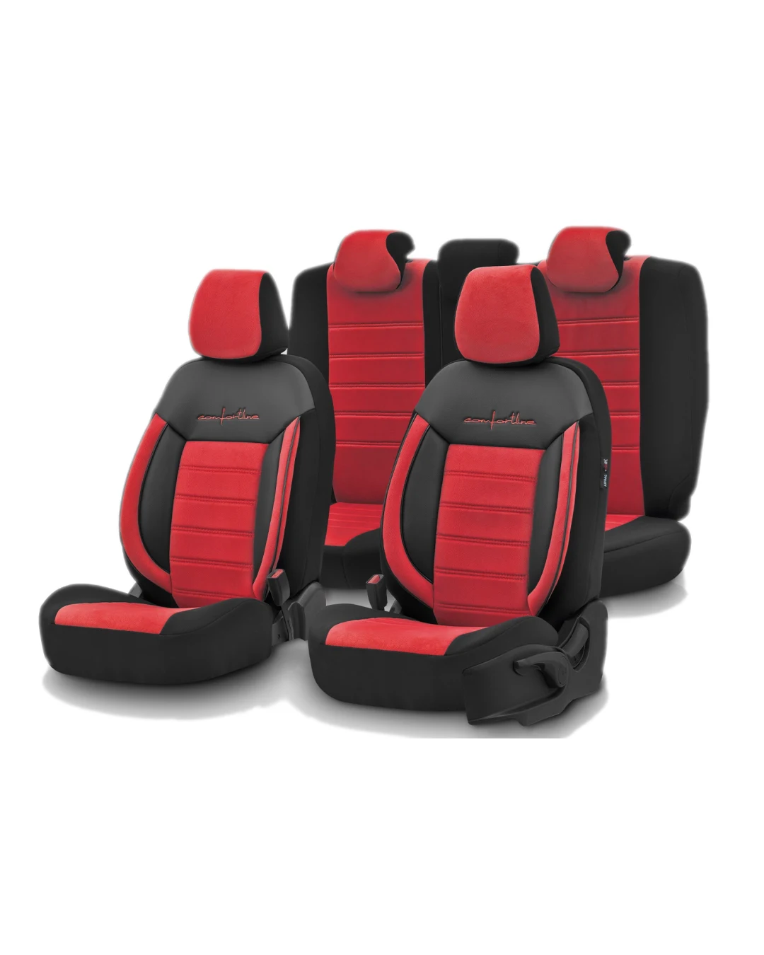 Комплект Луксозна Тапицерия OTOM текстил с еко кожа COMFORT LINE Design – Червено-Черна с червен шев, за Предни и Задни Седалки