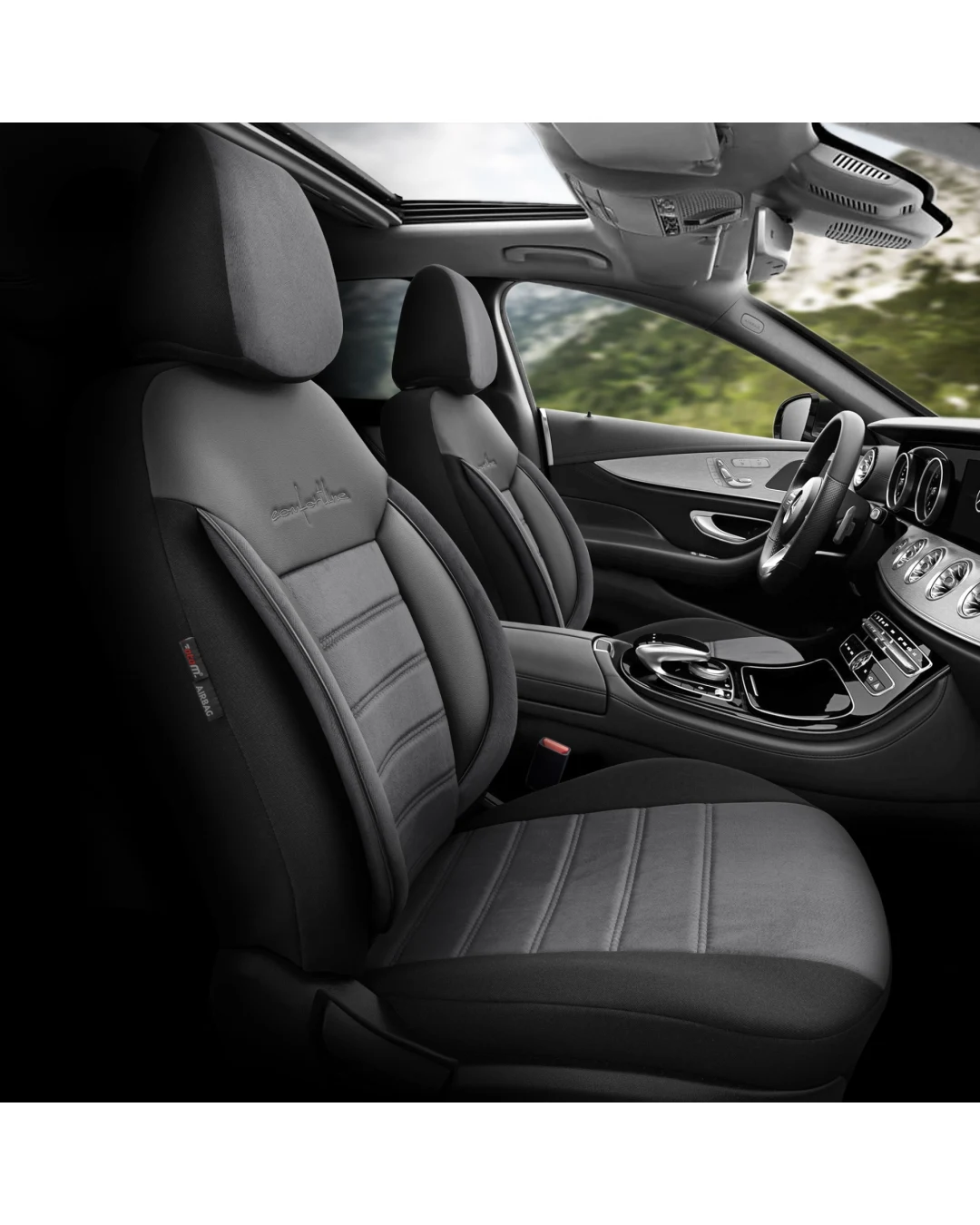 Комплект Луксозна Тапицерия OTOM текстил с еко кожа COMFORT LINE Design – Сиво-Черна със сив шев, за Предни и Задни Седалки