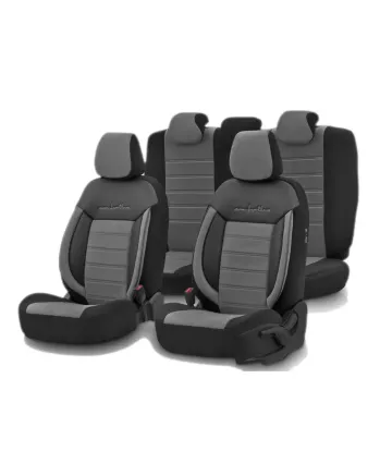 Комплект Луксозна Тапицерия OTOM текстил с еко кожа COMFORT LINE Design – Сиво-Черна със сив шев, за Предни и Задни Седалки