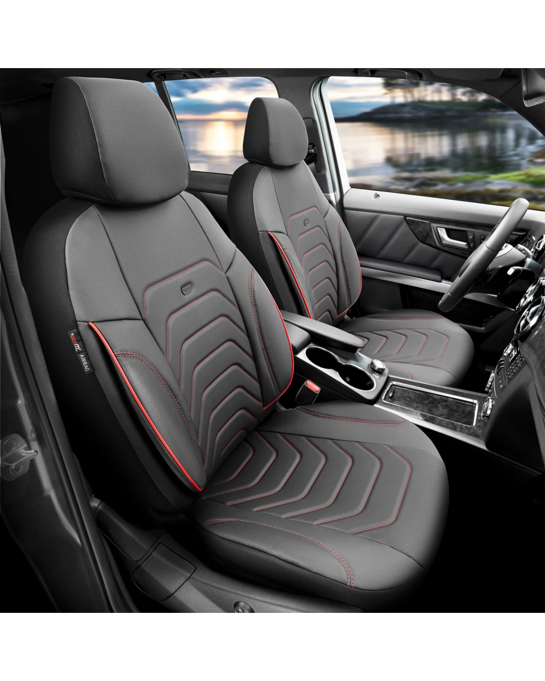 Комплект Луксозна Тапицерия OTOM текстил с еко кожа CORE Design – Черна с червен шев, за Предни и Задни Седалки