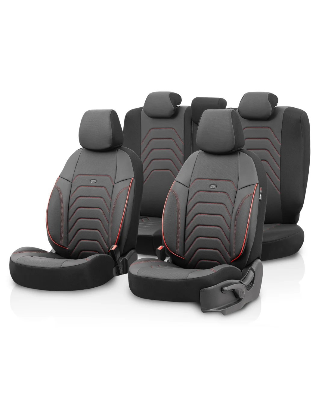 Комплект Луксозна Тапицерия OTOM текстил с еко кожа CORE Design – Черна с червен шев, за Предни и Задни Седалки