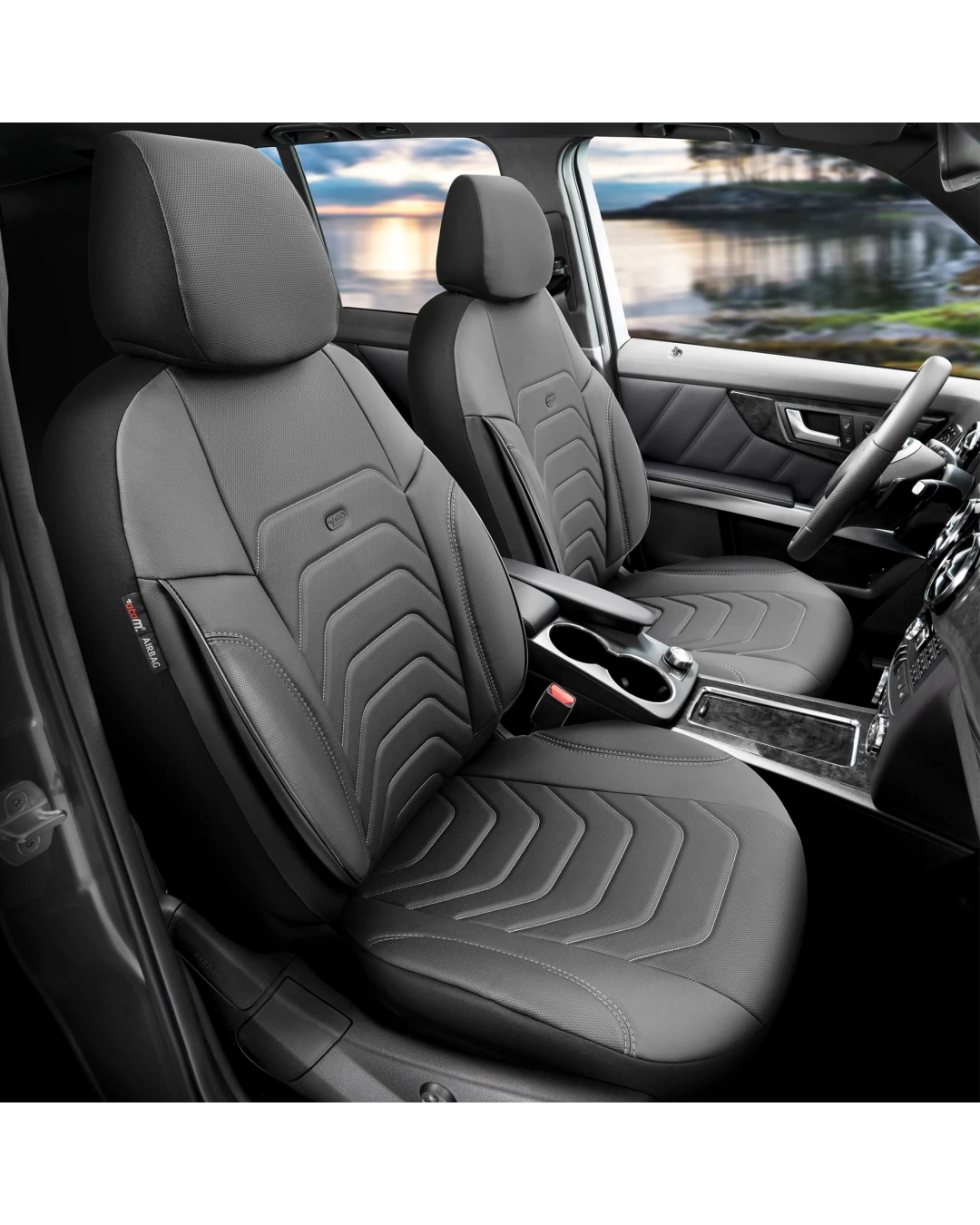Комплект Луксозна Тапицерия OTOM текстил с еко кожа CORE Design – Черна със сив шев, за Предни и Задни Седалки