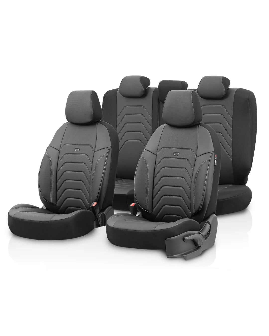 Комплект Луксозна Тапицерия OTOM текстил с еко кожа CORE Design – Черна със сив шев, за Предни и Задни Седалки