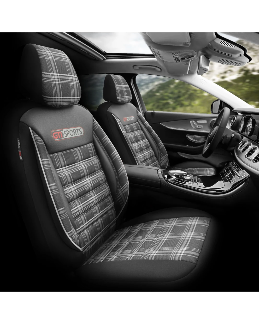 Комплект Луксозна Тапицерия OTOM текстил с еко кожа GTI SPORTS Design – Черна с бял шев, за Предни и Задни Седалки