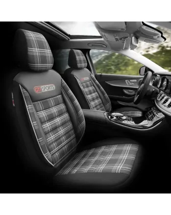 Комплект Луксозна Тапицерия OTOM текстил с еко кожа GTI SPORTS Design – Черна с бял шев, за Предни и Задни Седалки
