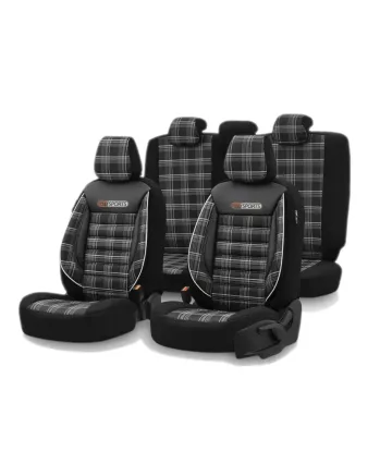 Комплект Луксозна Тапицерия OTOM текстил с еко кожа GTI SPORTS Design – Черна с бял шев, за Предни и Задни Седалки