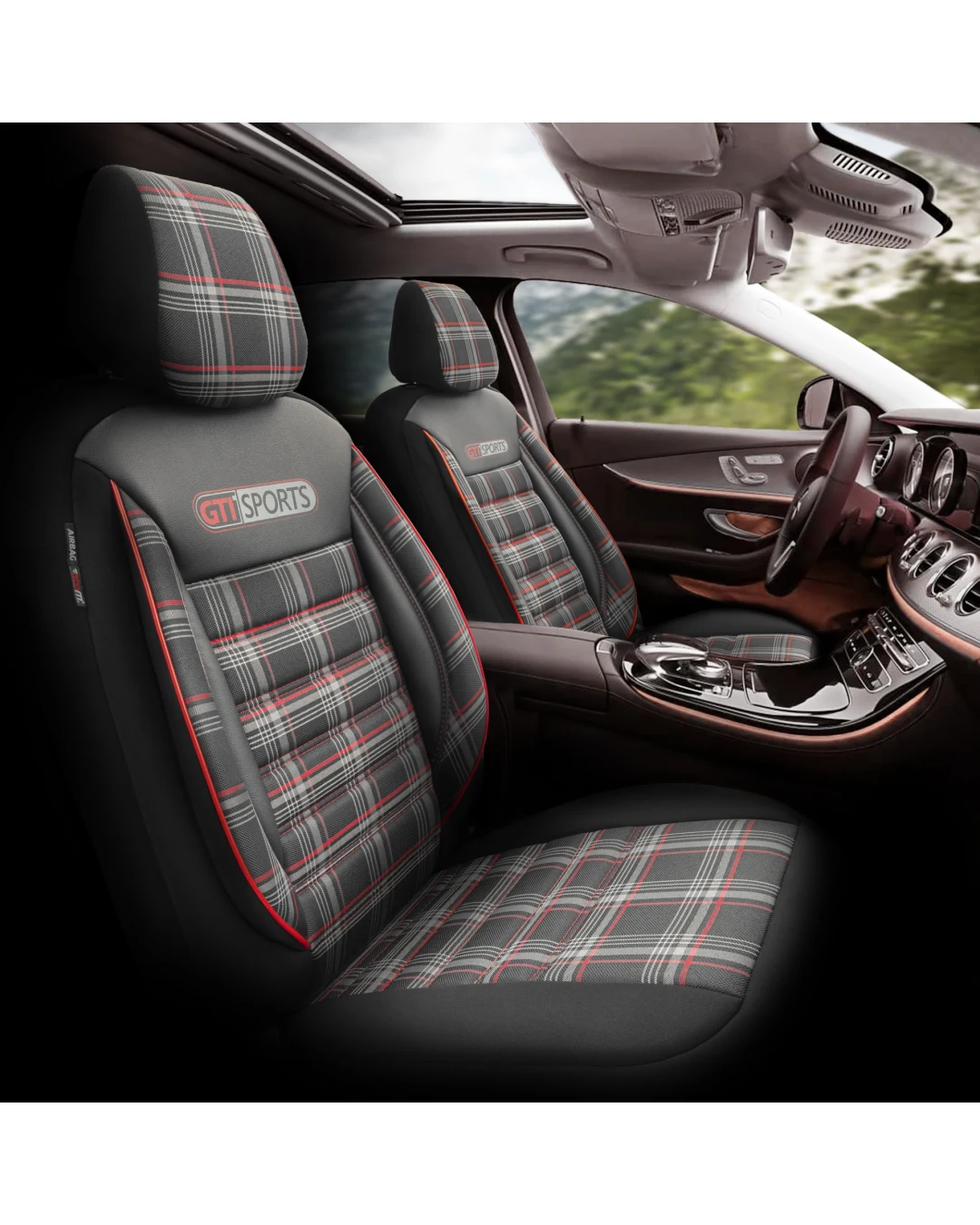 Комплект Луксозна Тапицерия OTOM текстил с еко кожа GTI SPORTS Design – Черна с червен шев, за Предни и Задни Седалки