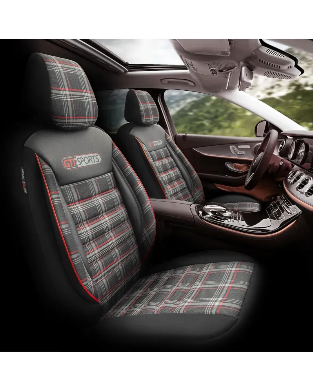 Комплект Луксозна Тапицерия OTOM текстил с еко кожа GTI SPORTS Design – Черна с червен шев, за Предни и Задни Седалки
