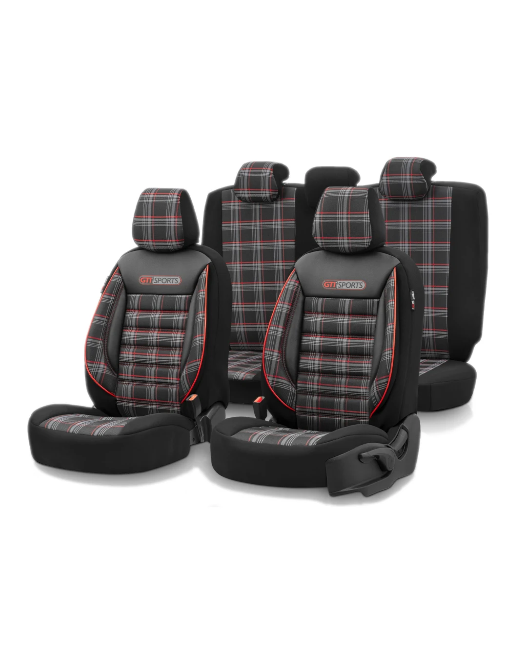 Комплект Луксозна Тапицерия OTOM текстил с еко кожа GTI SPORTS Design – Черна с червен шев, за Предни и Задни Седалки