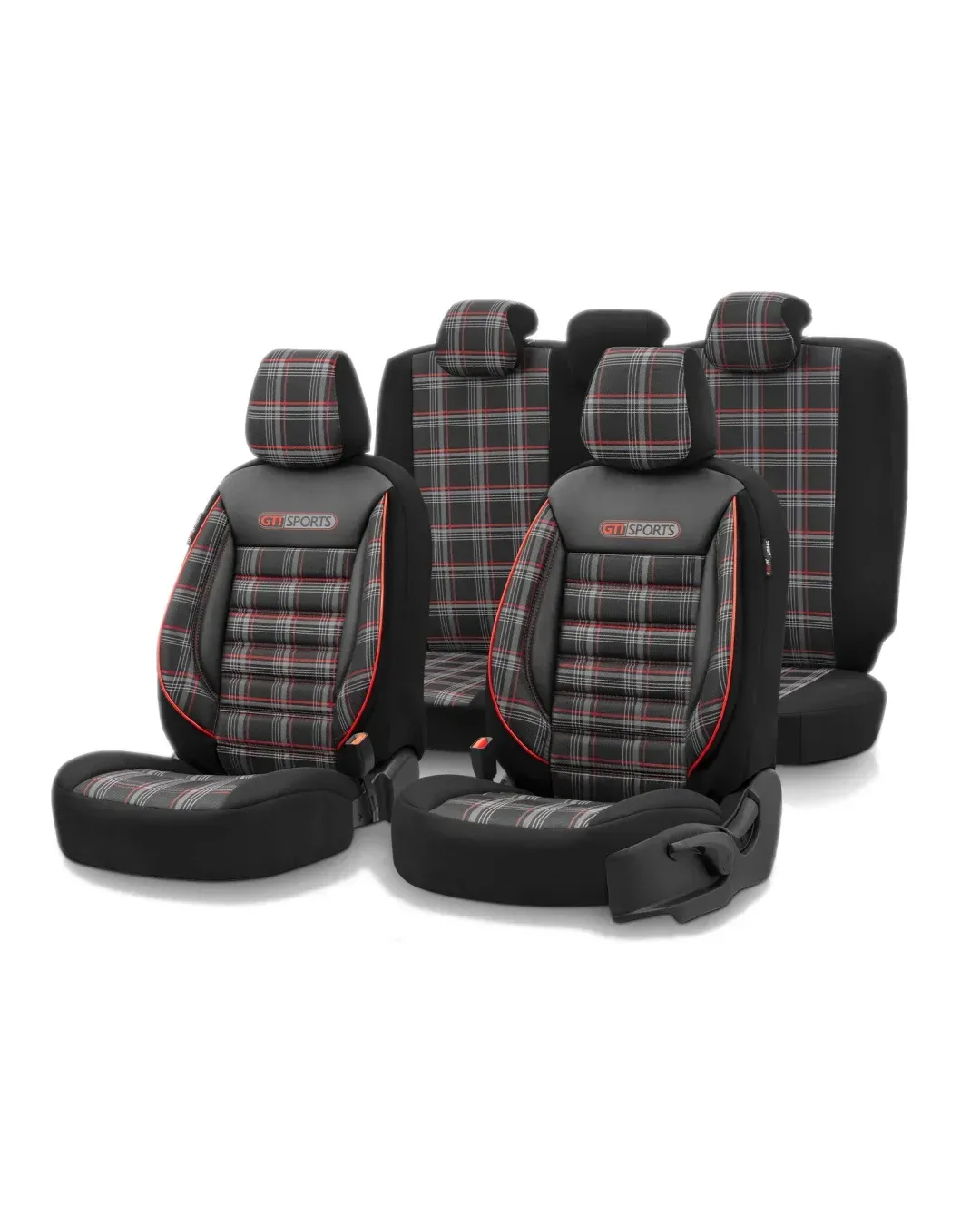 Комплект Луксозна Тапицерия OTOM текстил с еко кожа GTI SPORTS Design – Черна с червен шев, за Предни и Задни Седалки