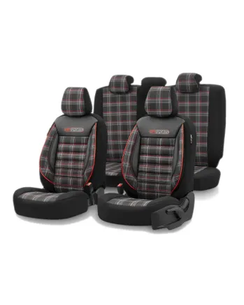Комплект Луксозна Тапицерия OTOM текстил с еко кожа GTI SPORTS Design – Черна с червен шев, за Предни и Задни Седалки
