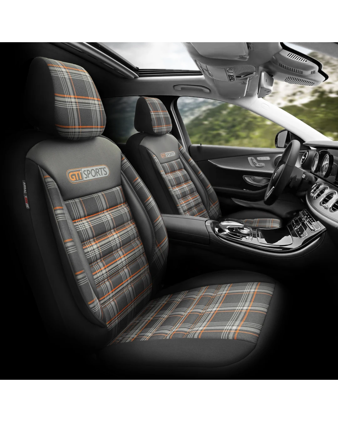 Комплект Луксозна Тапицерия OTOM текстил с еко кожа GTI SPORTS Design – Черна с оранжев шев, за Предни и Задни Седалки