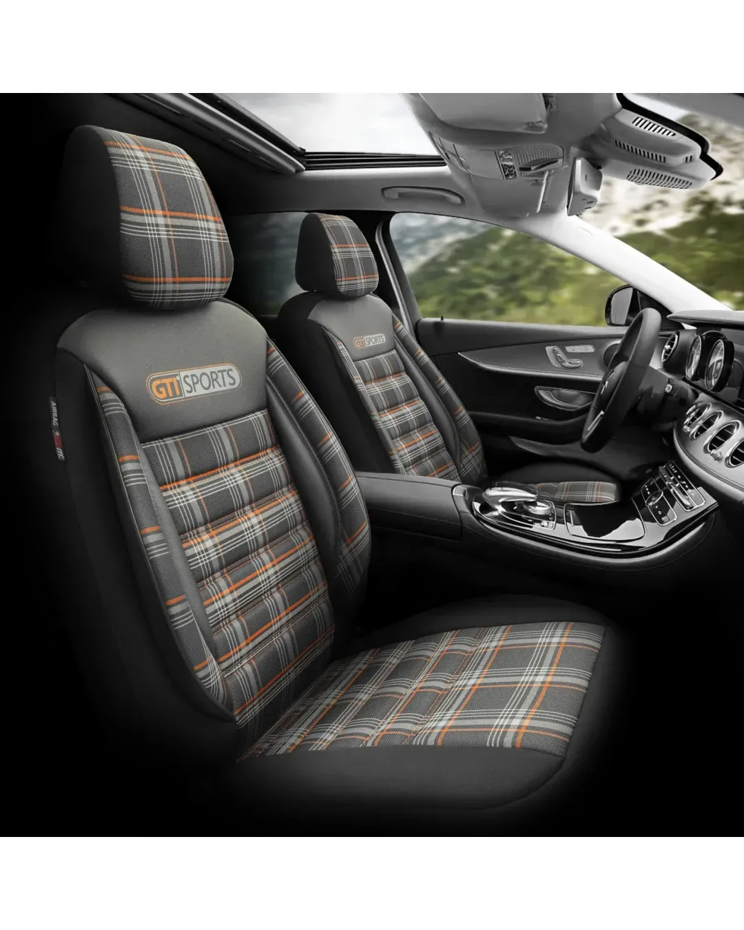Комплект Луксозна Тапицерия OTOM текстил с еко кожа GTI SPORTS Design – Черна с оранжев шев, за Предни и Задни Седалки