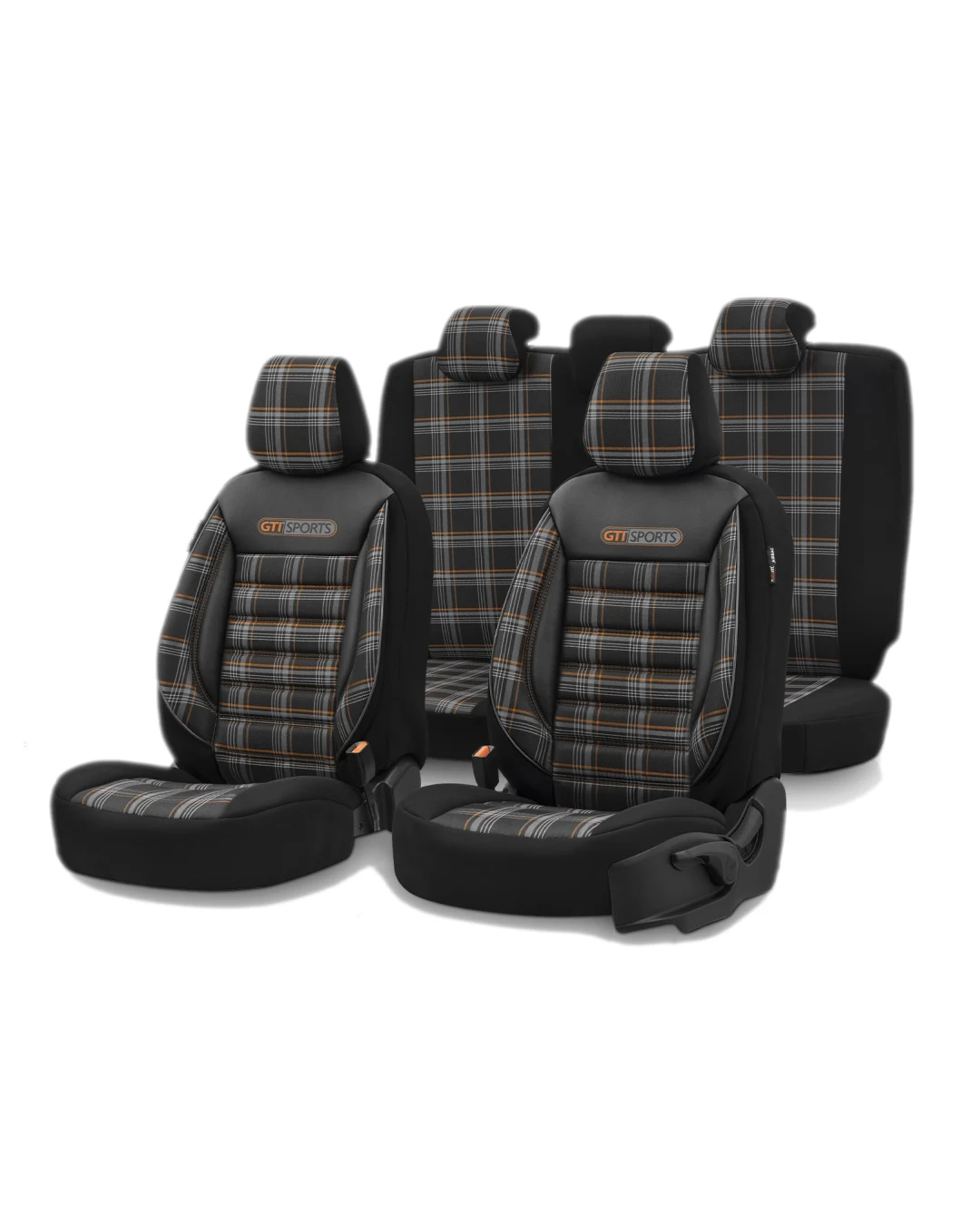 Комплект Луксозна Тапицерия OTOM текстил с еко кожа GTI SPORTS Design – Черна с оранжев шев, за Предни и Задни Седалки