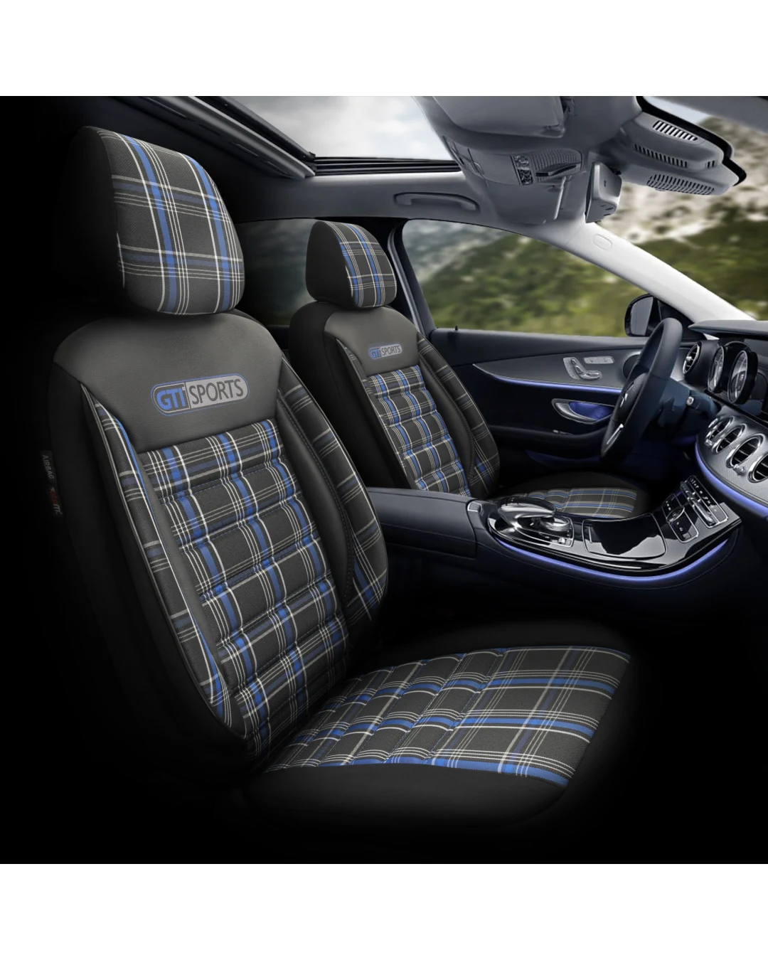 Комплект Луксозна Тапицерия OTOM текстил с еко кожа GTI SPORTS Design – Черна със син шев, за Предни и Задни Седалки