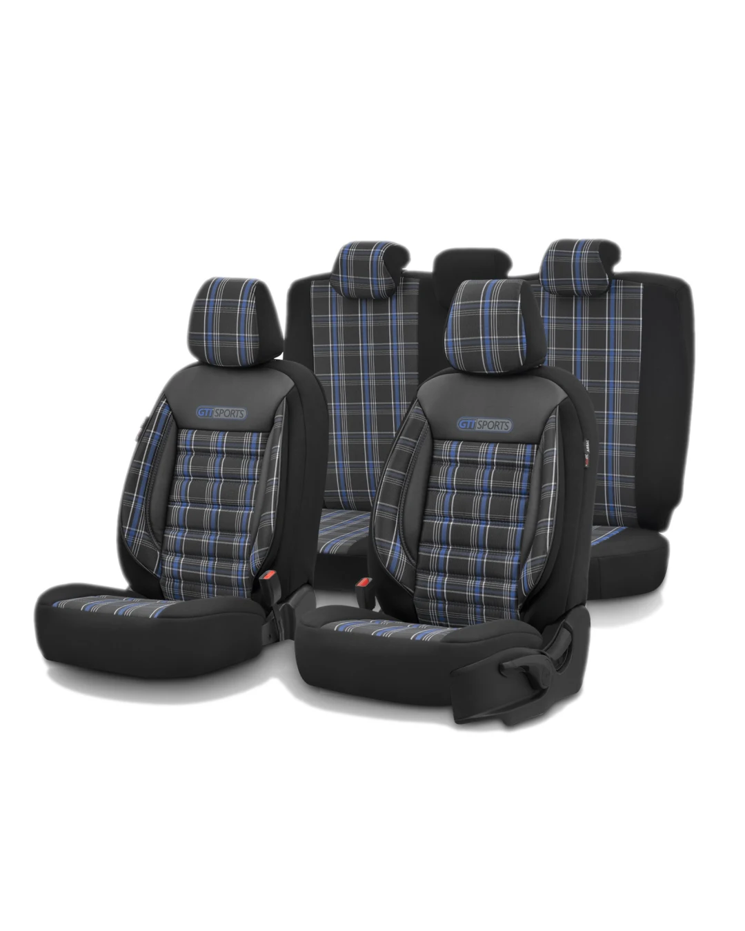 Комплект Луксозна Тапицерия OTOM текстил с еко кожа GTI SPORTS Design – Черна със син шев, за Предни и Задни Седалки