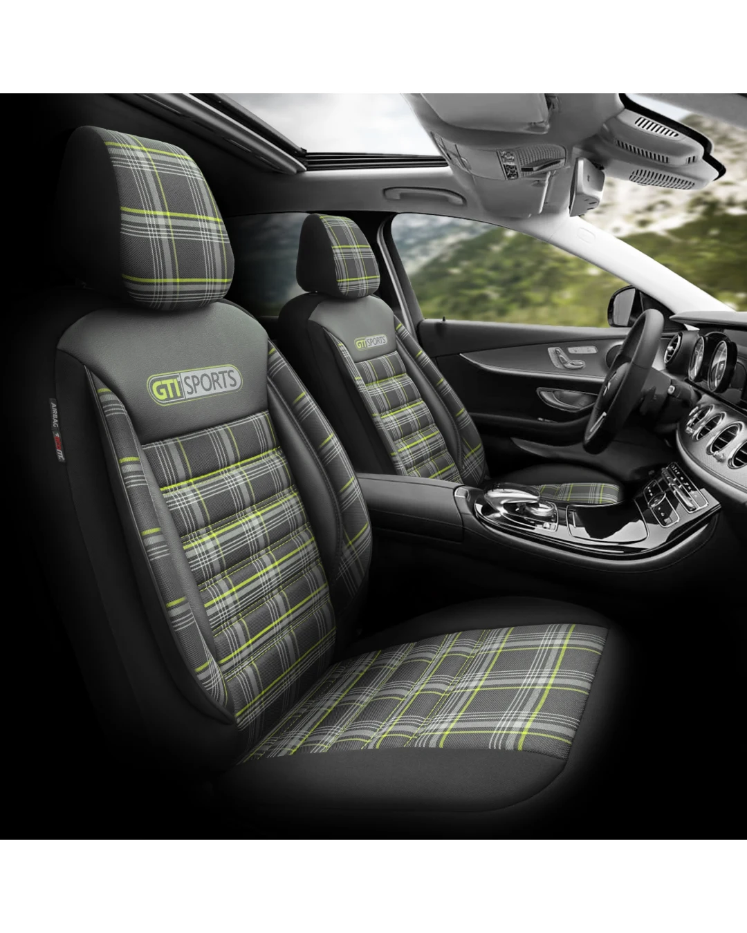 Комплект Луксозна Тапицерия OTOM текстил с еко кожа GTI SPORTS Design – Черна със зелен шев, за Предни и Задни Седалки