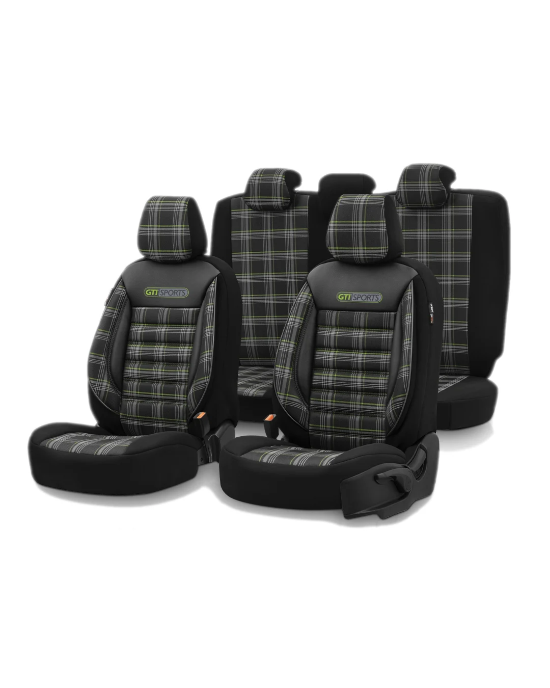 Комплект Луксозна Тапицерия OTOM текстил с еко кожа GTI SPORTS Design – Черна със зелен шев, за Предни и Задни Седалки