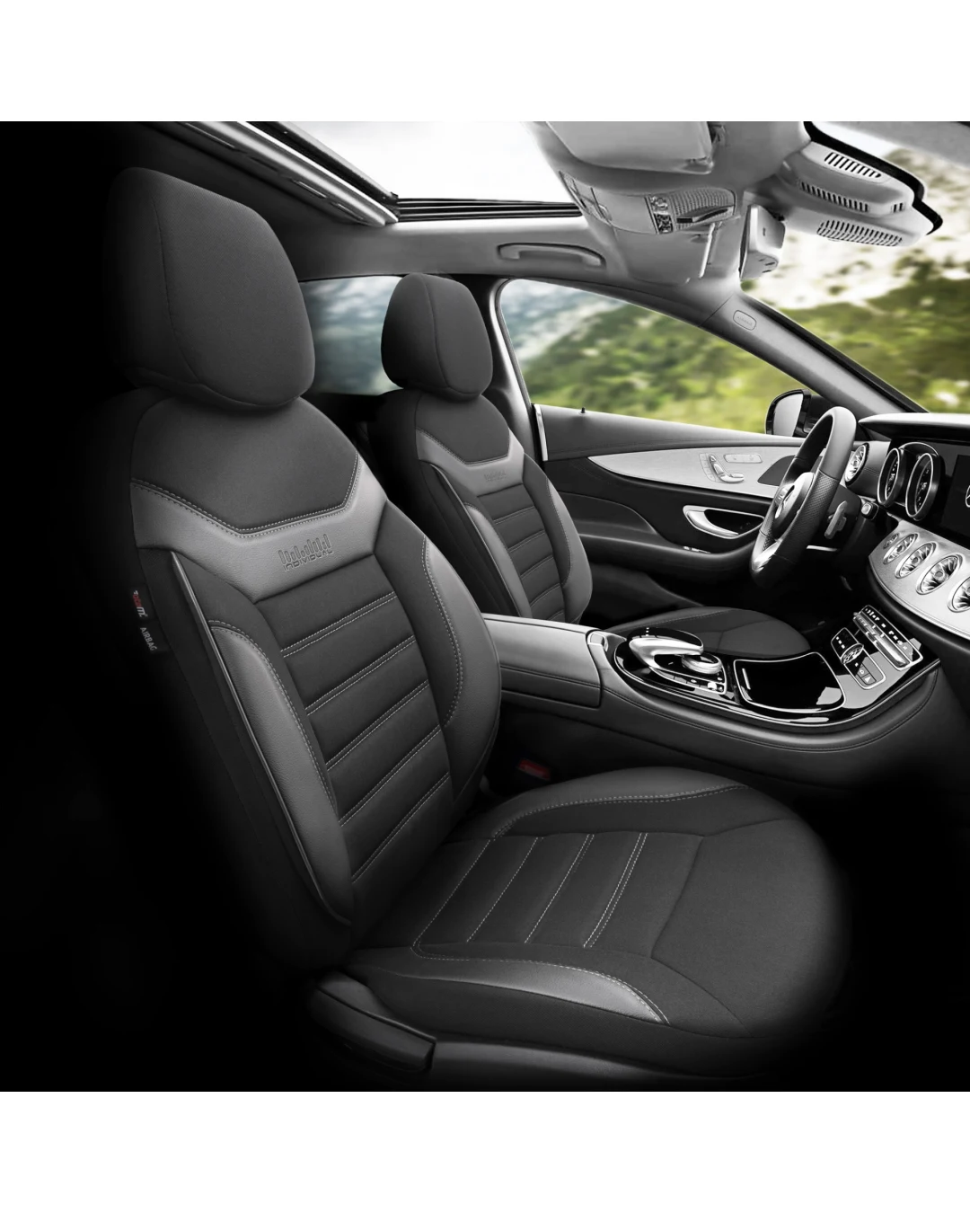 Комплект Луксозна Тапицерия OTOM текстил с еко кожа INDIVIDUAL Design – Черна с бял шев, за Предни и Задни Седалки