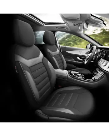 Комплект Луксозна Тапицерия OTOM текстил с еко кожа INDIVIDUAL Design – Черна с бял шев, за Предни и Задни Седалки