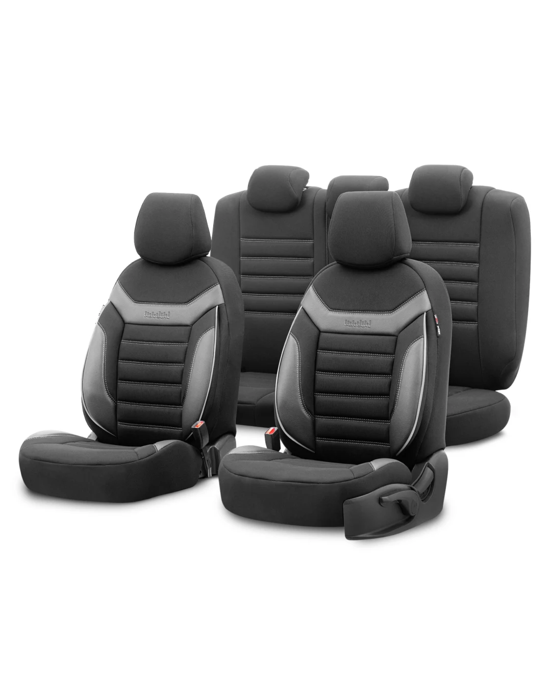 Комплект Луксозна Тапицерия OTOM текстил с еко кожа INDIVIDUAL Design – Черна с бял шев, за Предни и Задни Седалки