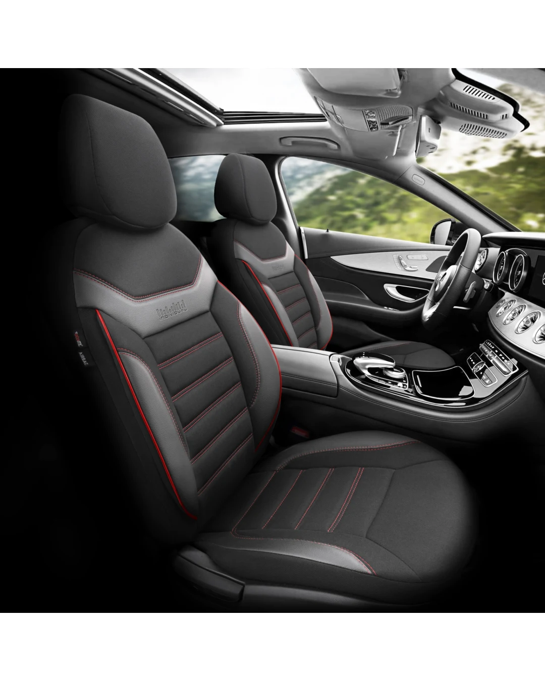 Комплект Луксозна Тапицерия OTOM текстил с еко кожа INDIVIDUAL Design – Черна с червен шев, за Предни и Задни Седалки