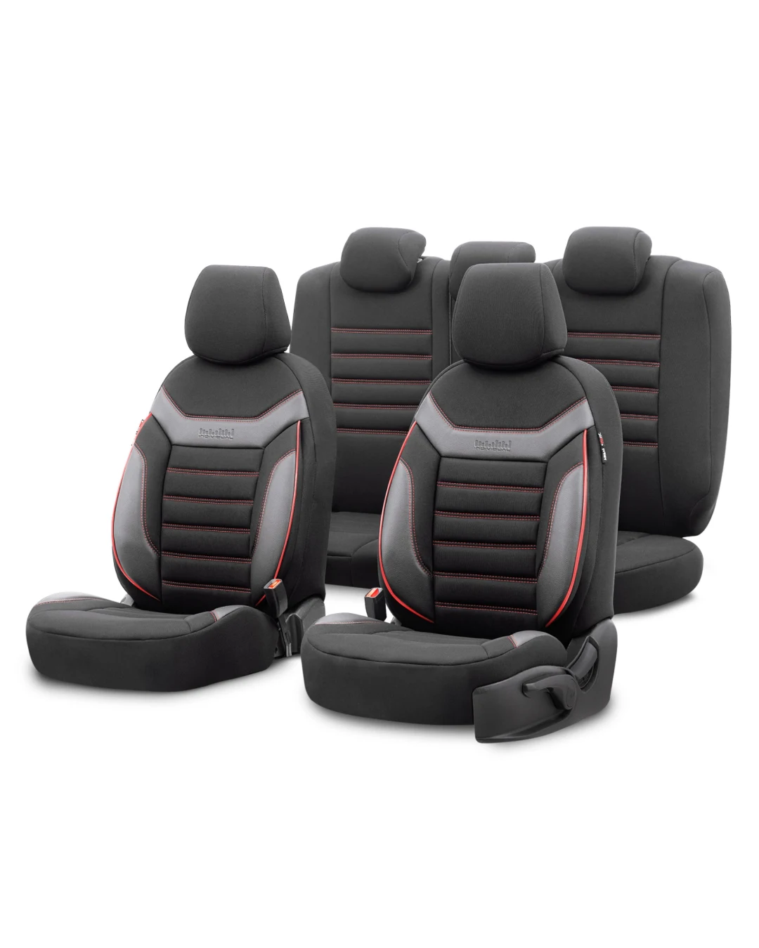 Комплект Луксозна Тапицерия OTOM текстил с еко кожа INDIVIDUAL Design – Черна с червен шев, за Предни и Задни Седалки