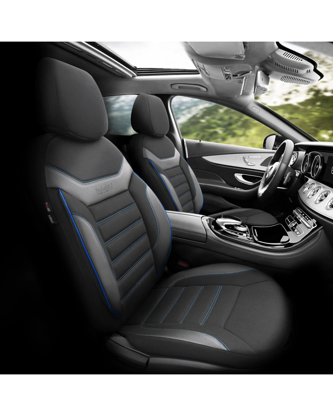 Комплект Луксозна Тапицерия OTOM текстил с еко кожа INDIVIDUAL Design – Черна със син шев, за Предни и Задни Седалки