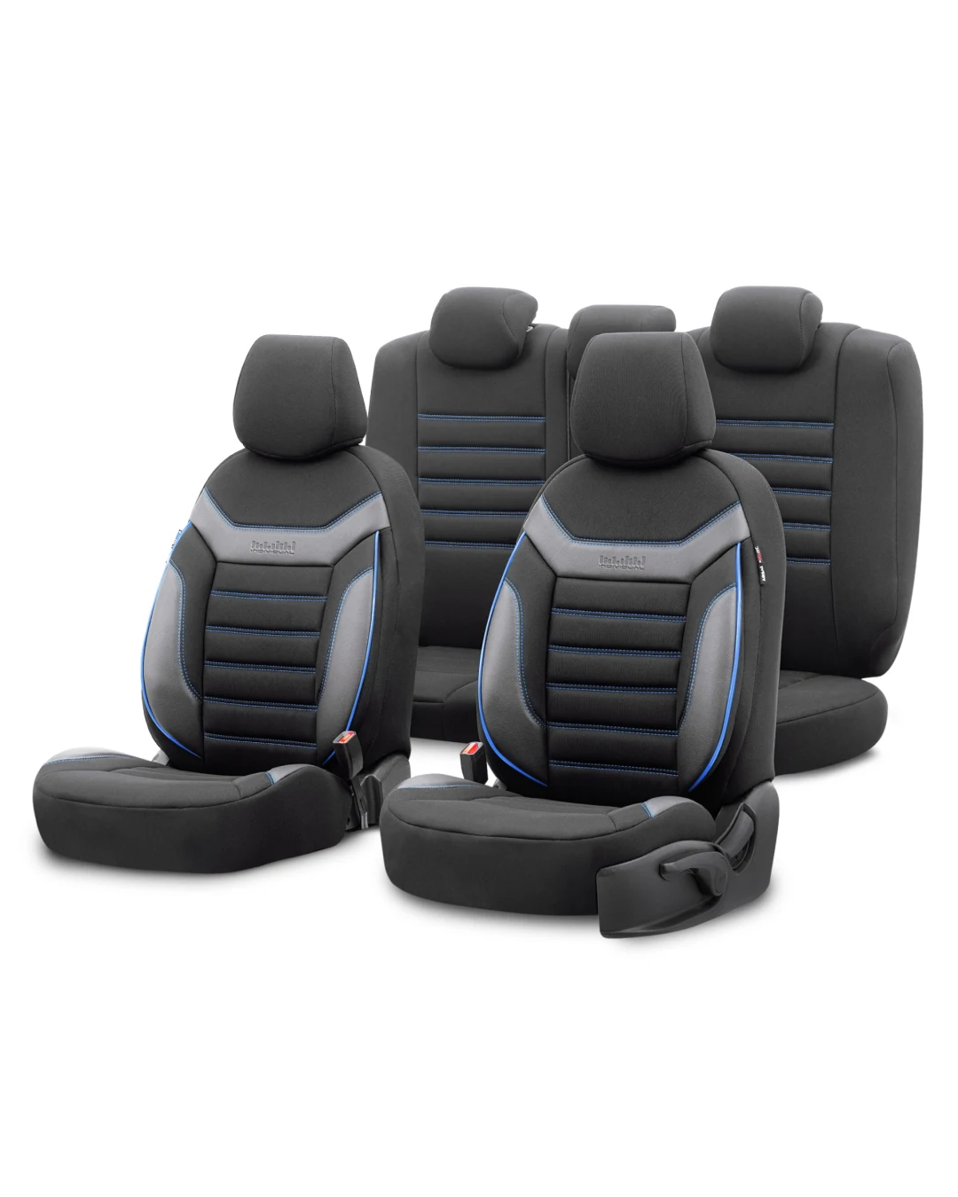 Комплект Луксозна Тапицерия OTOM текстил с еко кожа INDIVIDUAL Design – Черна със син шев, за Предни и Задни Седалки