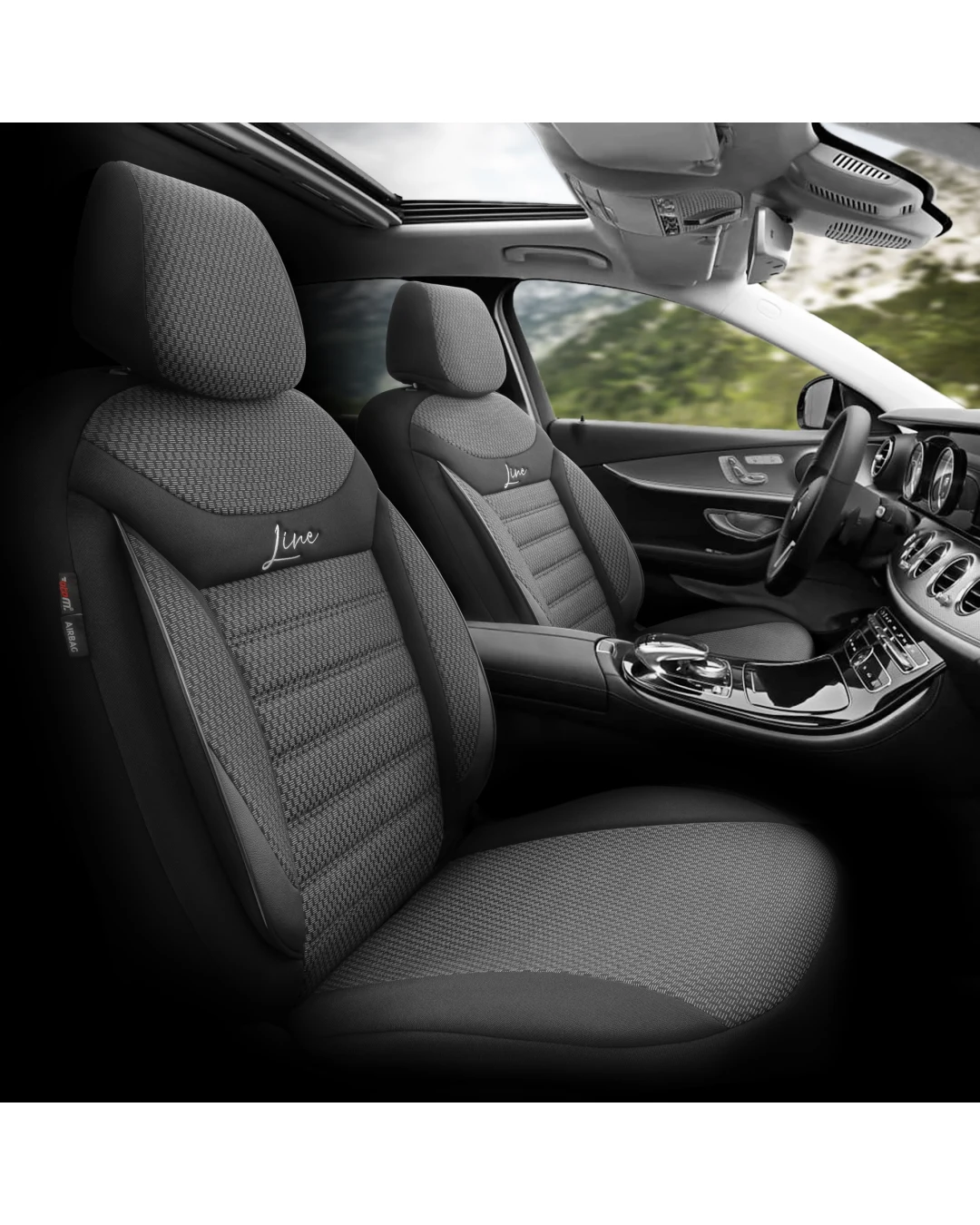 Комплект Луксозна Тапицерия OTOM текстил с еко кожа LINE Design – Черна с черен шев, за Предни и Задни Седалки