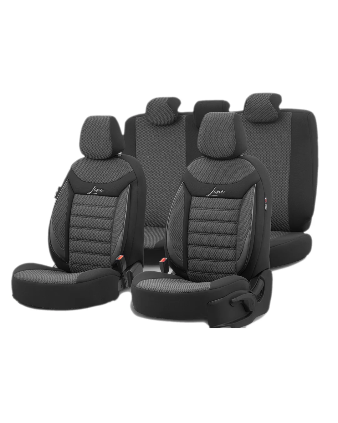 Комплект Луксозна Тапицерия OTOM текстил с еко кожа LINE Design – Черна с черен шев, за Предни и Задни Седалки