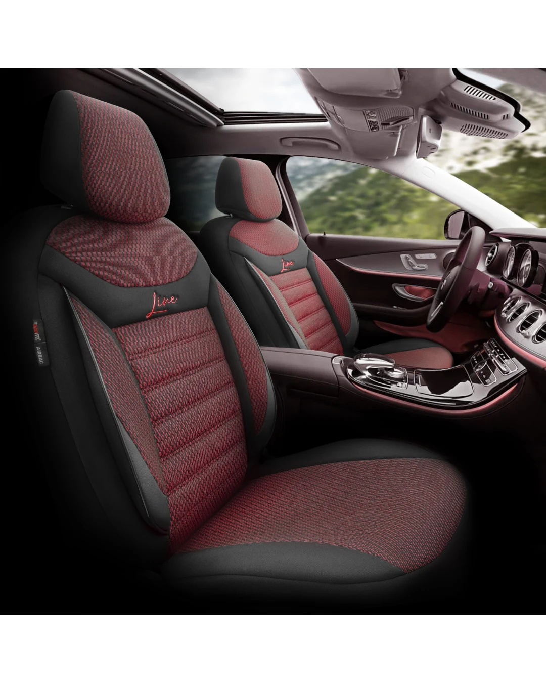 Комплект Луксозна Тапицерия OTOM текстил с еко кожа LINE Design – Черна с червен шев, за Предни и Задни Седалки