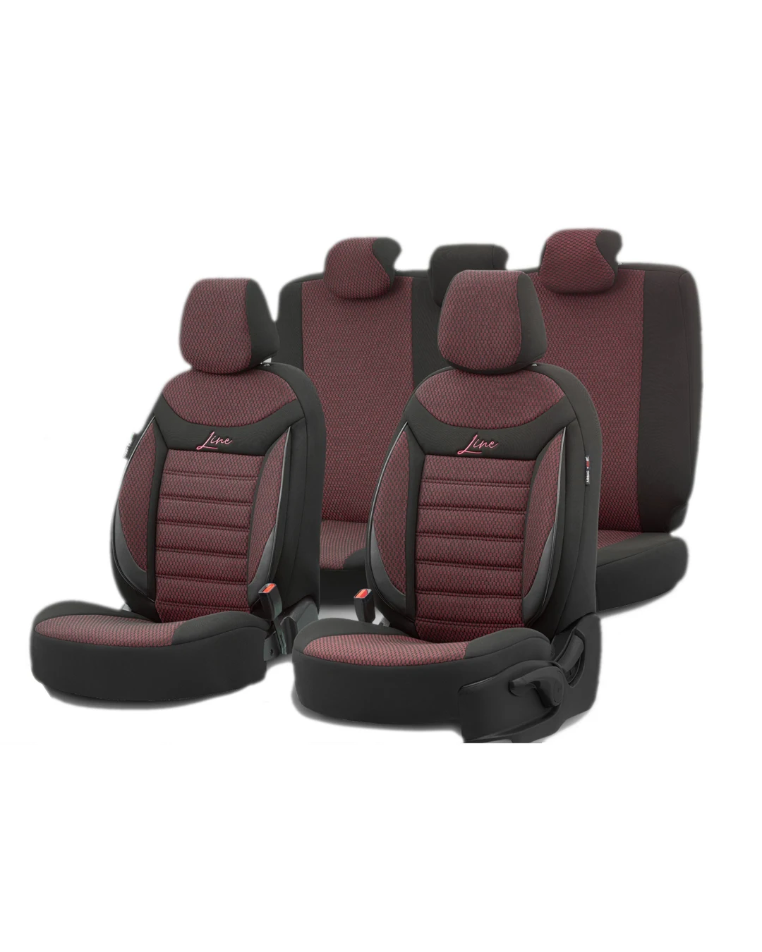 Комплект Луксозна Тапицерия OTOM текстил с еко кожа LINE Design – Черна с червен шев, за Предни и Задни Седалки