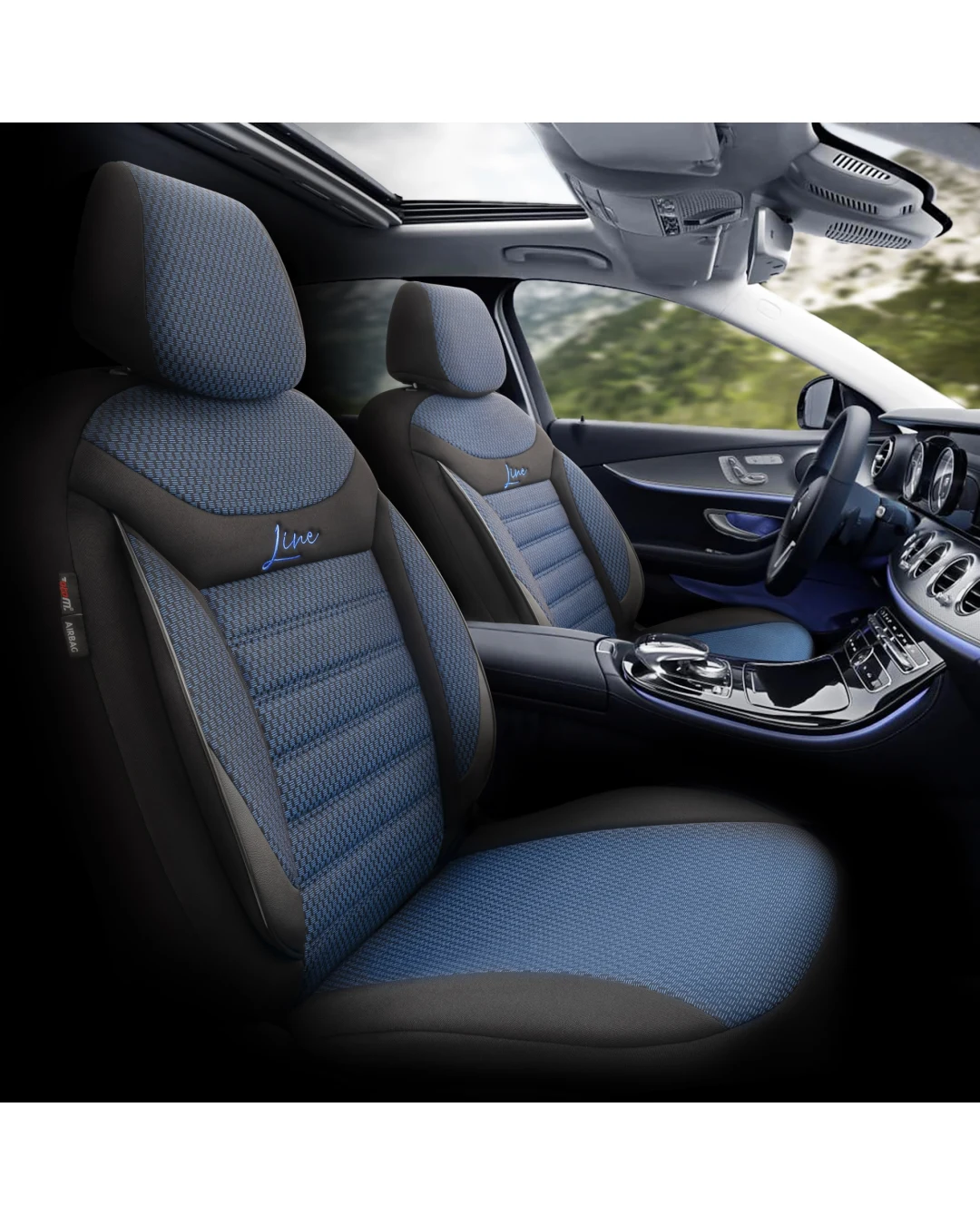 Комплект Луксозна Тапицерия OTOM текстил с еко кожа LINE Design – Черна със син шев, за Предни и Задни Седалки