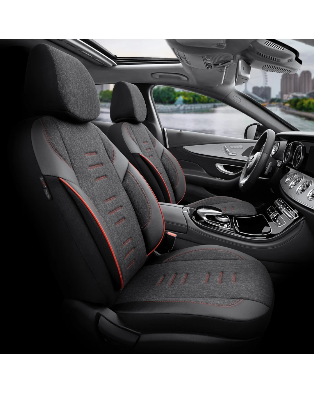 Комплект Луксозна Тапицерия OTOM текстил с еко кожа THRONE Design – Черна с червен шев, за Предни и Задни Седалки