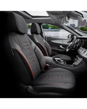 Комплект Луксозна Тапицерия OTOM текстил с еко кожа THRONE Design – Черна с червен шев, за Предни и Задни Седалки