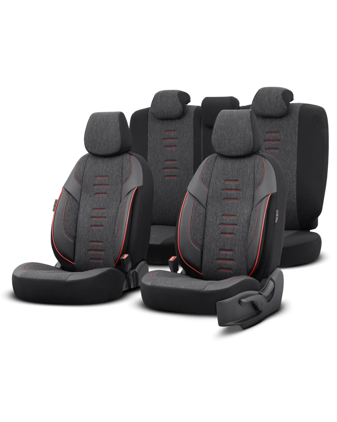 Комплект Луксозна Тапицерия OTOM текстил с еко кожа THRONE Design – Черна с червен шев, за Предни и Задни Седалки
