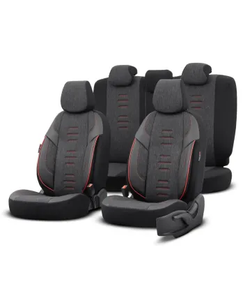 Комплект Луксозна Тапицерия OTOM текстил с еко кожа THRONE Design – Черна с червен шев, за Предни и Задни Седалки