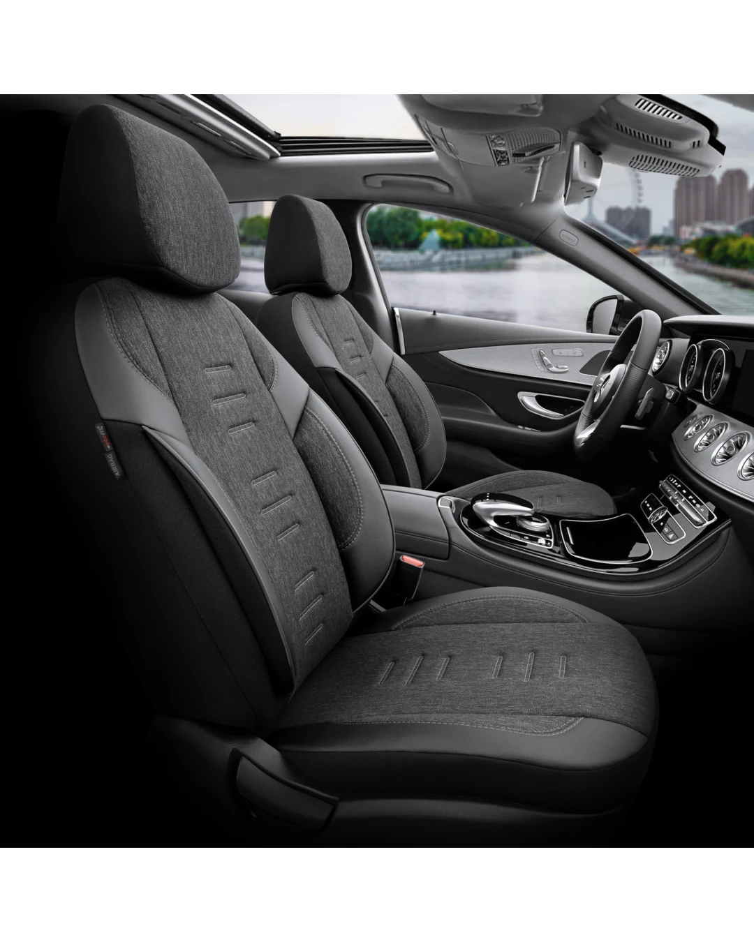 Комплект Луксозна Тапицерия OTOM текстил с еко кожа THRONE Design – Черна със сив шев, за Предни и Задни Седалки