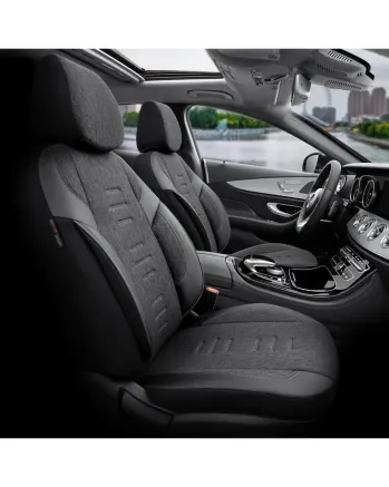 Комплект Луксозна Тапицерия OTOM текстил с еко кожа THRONE Design – Черна със сив шев, за Предни и Задни Седалки