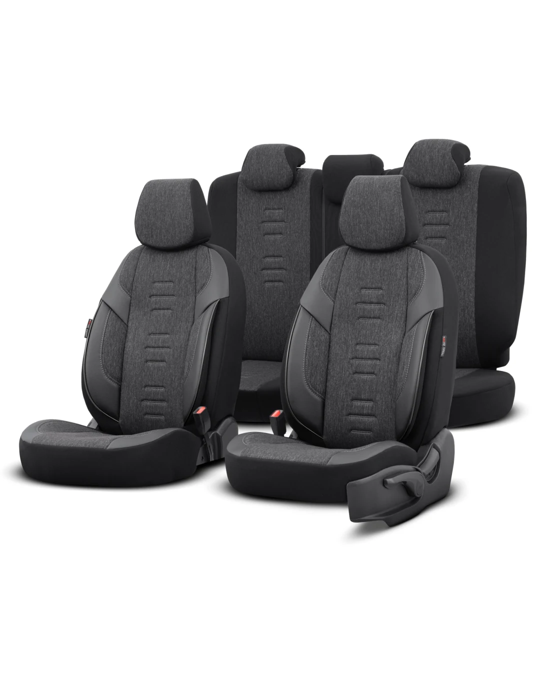 Комплект Луксозна Тапицерия OTOM текстил с еко кожа THRONE Design – Черна със сив шев, за Предни и Задни Седалки