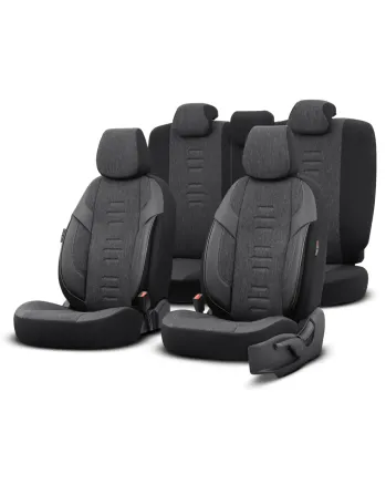Комплект Луксозна Тапицерия OTOM текстил с еко кожа THRONE Design – Черна със сив шев, за Предни и Задни Седалки
