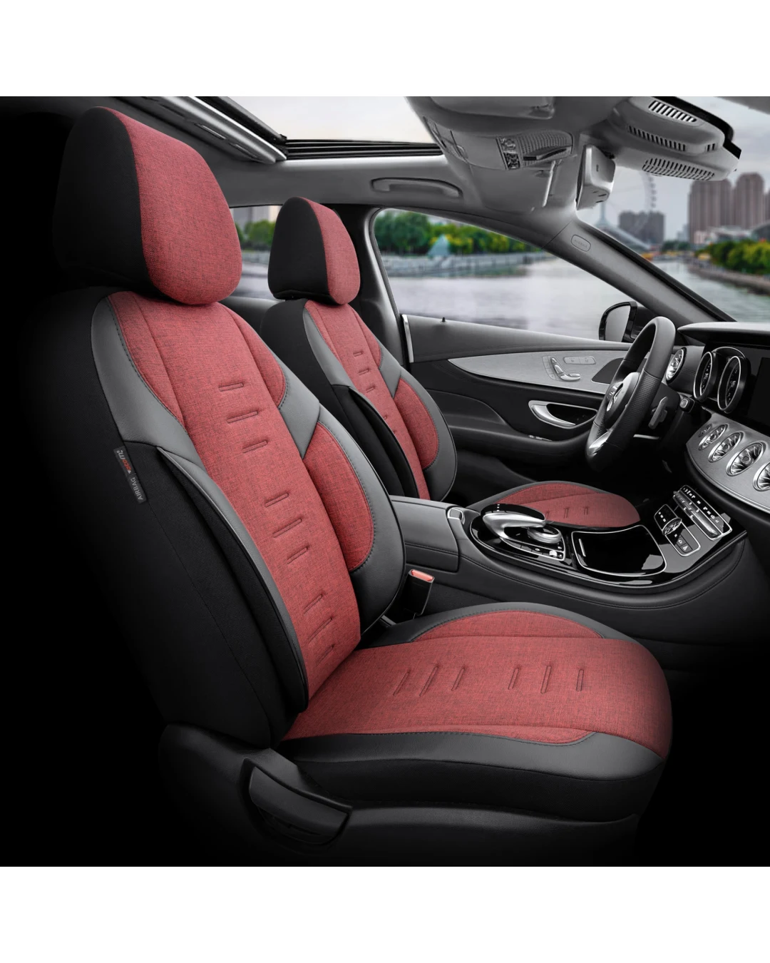 Комплект Луксозна Тапицерия OTOM текстил с еко кожа THRONE Design – Червено-Черна с черен шев, за Предни и Задни Седалки