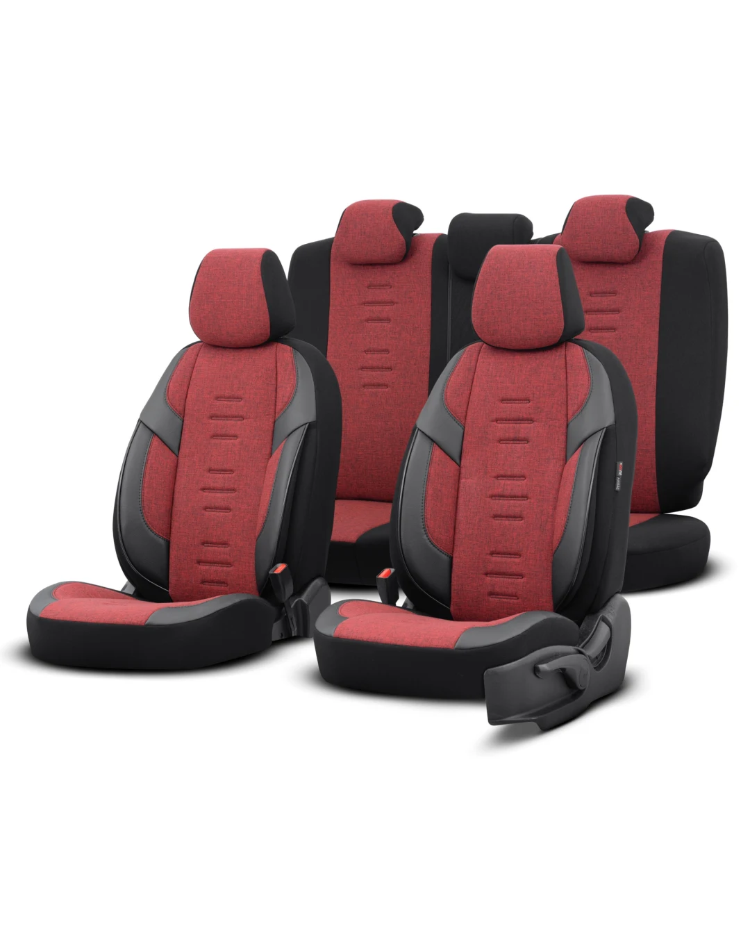 Комплект Луксозна Тапицерия OTOM текстил с еко кожа THRONE Design – Червено-Черна с черен шев, за Предни и Задни Седалки