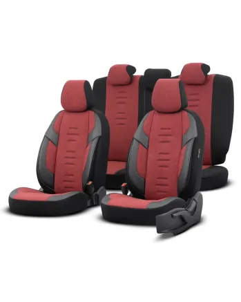Комплект Луксозна Тапицерия OTOM текстил с еко кожа THRONE Design – Червено-Черна с черен шев, за Предни и Задни Седалки