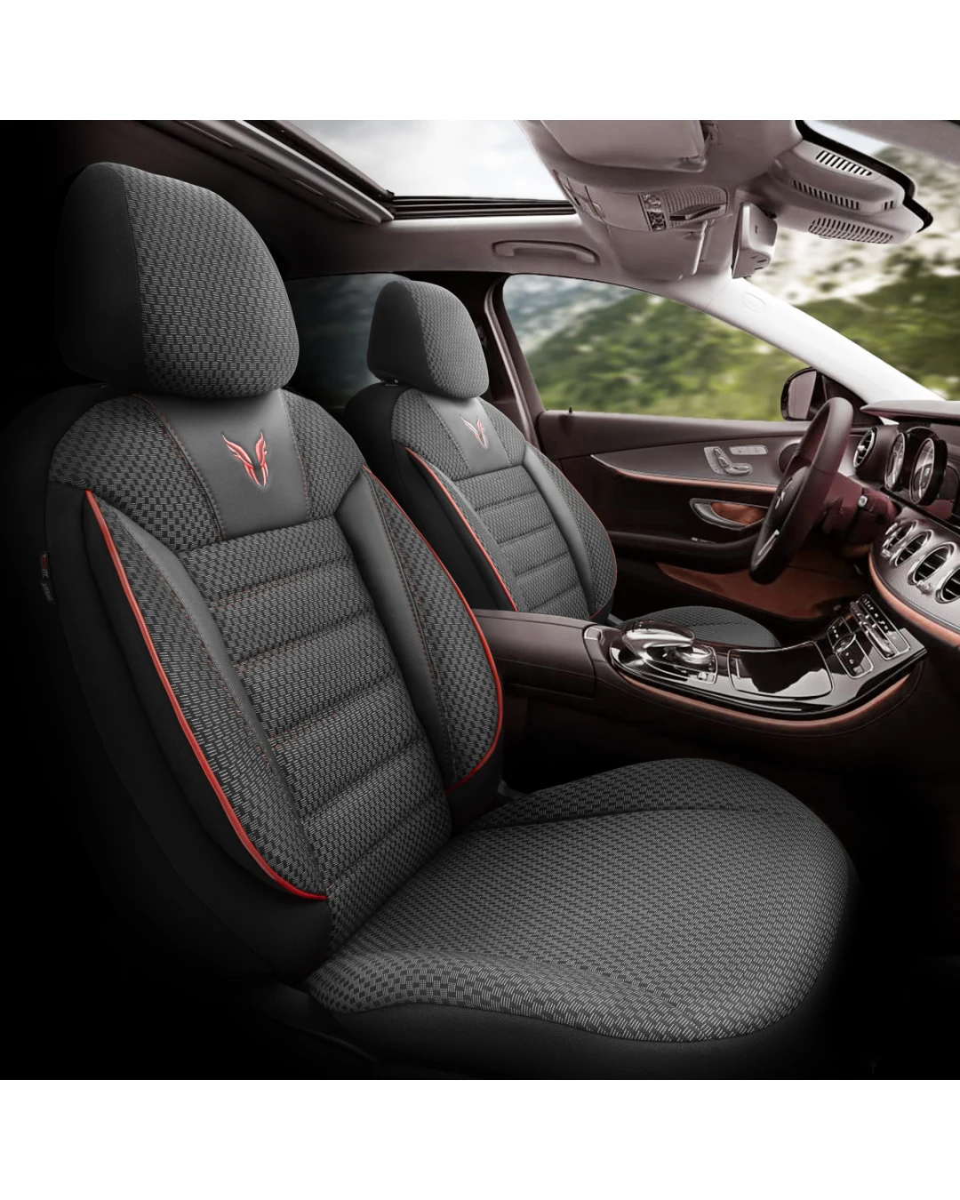 Комплект Луксозна Тапицерия OTOM текстил с еко кожа TORO Design – Черна с червен шев, за Предни и Задни Седалки