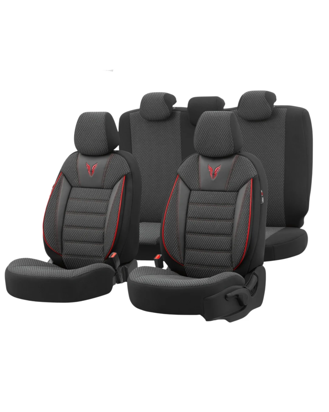 Комплект Луксозна Тапицерия OTOM текстил с еко кожа TORO Design – Черна с червен шев, за Предни и Задни Седалки