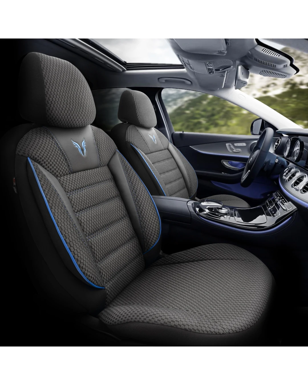 Комплект Луксозна Тапицерия OTOM текстил с еко кожа TORO Design – Черна със син шев, за Предни и Задни Седалки
